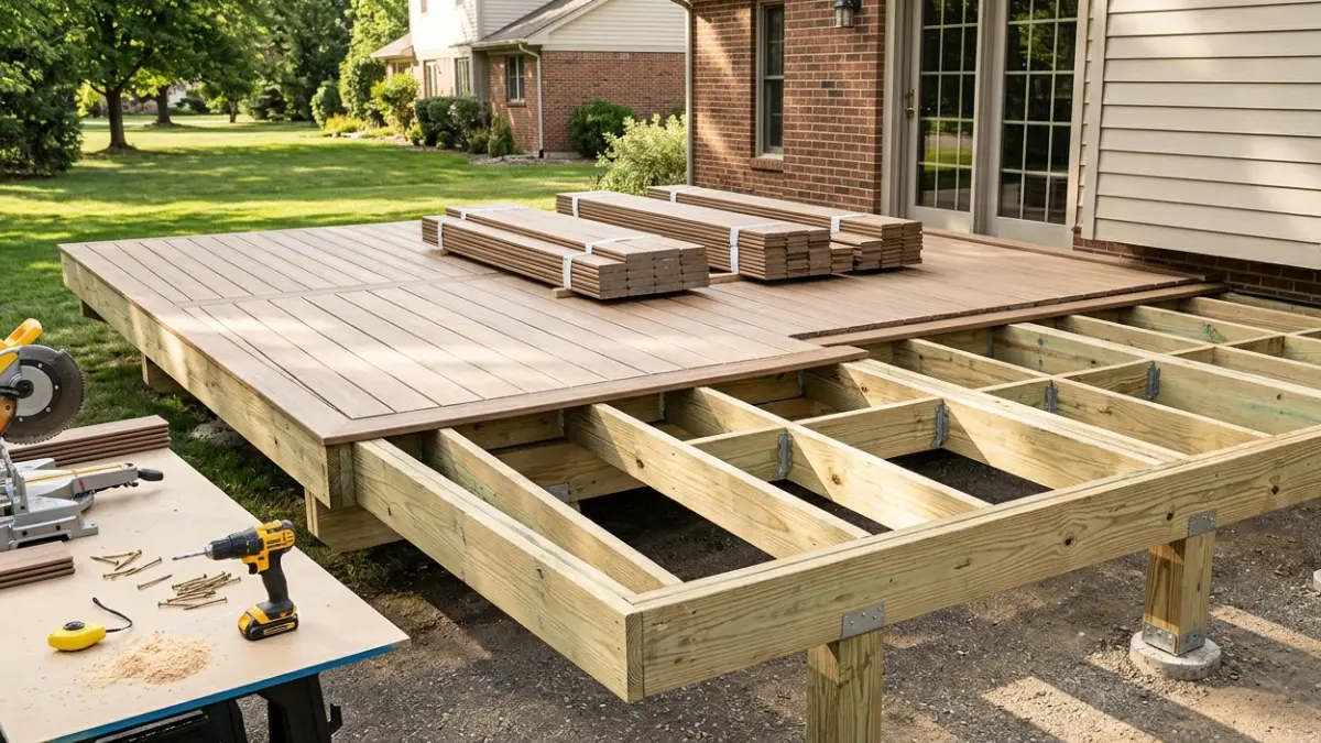 Composite decking installed over pressure-treated framing illustrating proper Termite-Resistant Wood construction methods