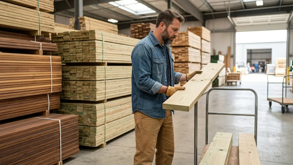 Professional contractor inspecting premium lumber before purchasing Termite-Resistant Wood for a building project