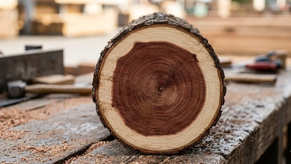 Fresh cedar log cross-section showing heartwood and sapwood for understanding Termite-Resistant Wood characteristics