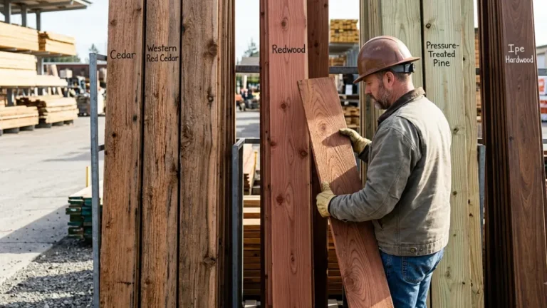 Contractor comparing different lumber species for a Termite-Resistant Wood buying decision at a professional lumber yard