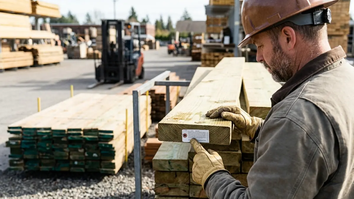 Worker inspecting a pressure-treated lumber end tag before buying Termite-Resistant Wood for outdoor construction