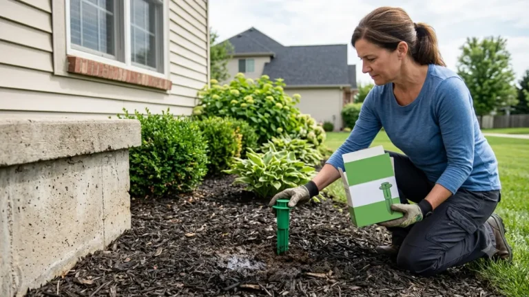 Homeowner installing termite stakes around a residential house foundation as a preventive monitoring measure.