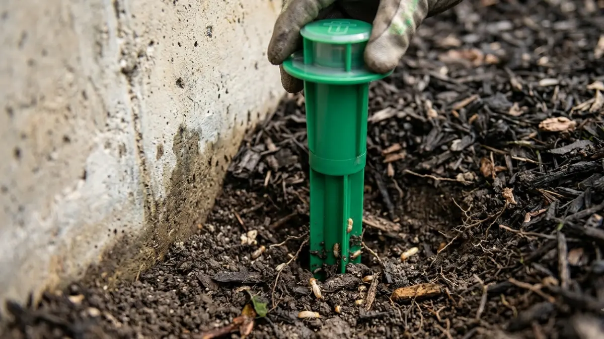 Close-up of installed termite stakes beside a residential foundation with termites moving through surrounding soil.