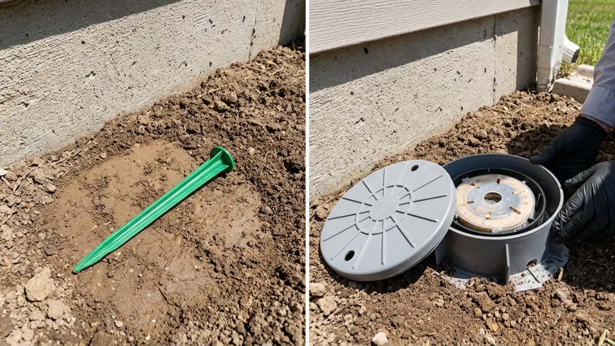 Comparison of retail termite stakes and a professional in-ground termite bait station beside a home.