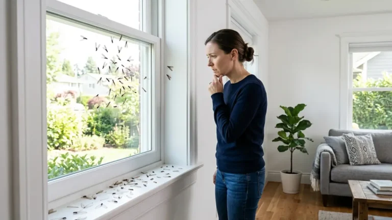 Termite swarmers gathering on an indoor windowsill with shed wings inside a residential home