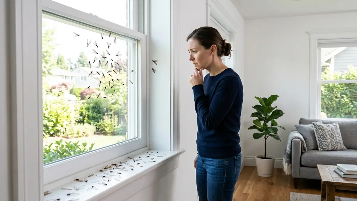 Termite swarmers gathering on an indoor windowsill with shed wings inside a residential home