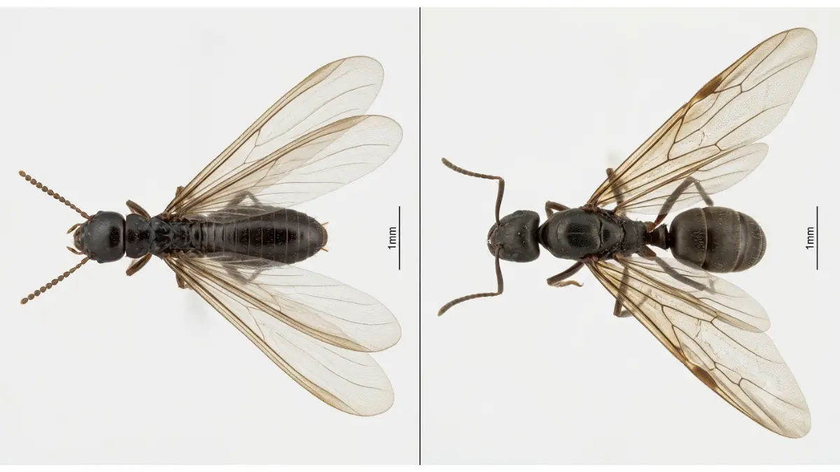 Termite swarmers compared with flying ants showing equal wings straight antennae and body differences