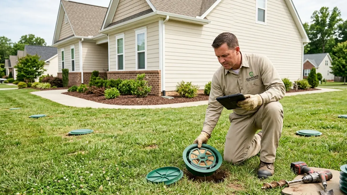 Licensed technician installing underground bait stations during Termite Treatment around a residential property's foundation.