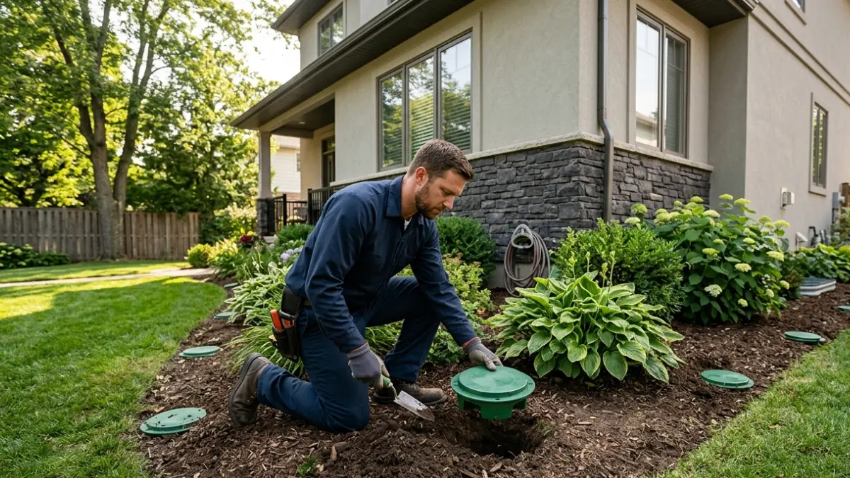 Termite treatment cost comparison showing professional installation of underground termite bait stations around a home's foundation