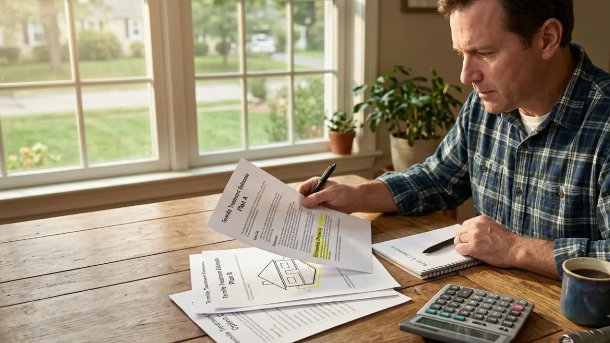 Termite Treatment Cost homeowner comparing multiple termite inspection estimates and warranty documents before hiring a company