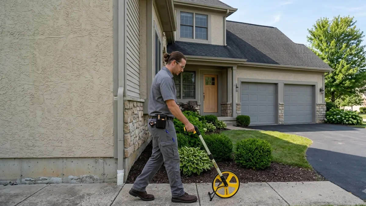 Termite treatment cost explained by measuring the exterior foundation perimeter of a residential home with a measuring wheel
