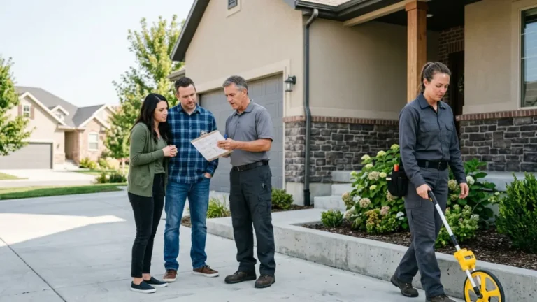 Termite treatment cost comparison during a professional home inspection as a pest control technician measures the foundation while discussing treatment options with homeowners