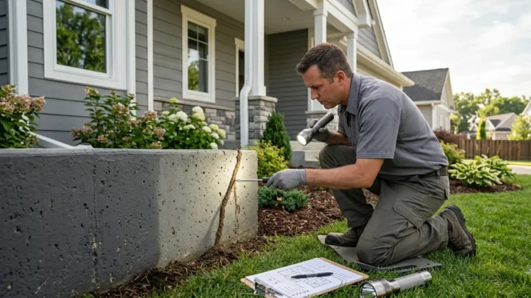 Termite Treatment Cost inspection showing a licensed pest control professional examining mud tubes along a home's concrete foundation