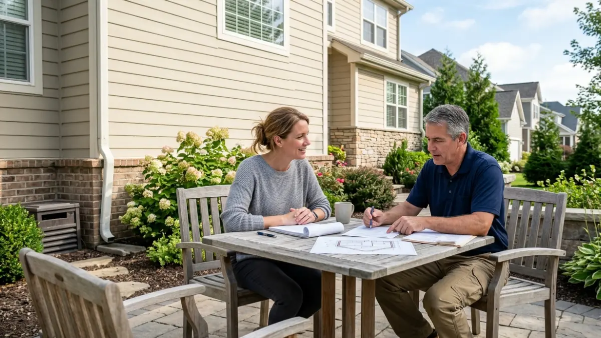 Termite treatment cost discussion between a homeowner and pest control professional while reviewing inspection findings and treatment recommendations