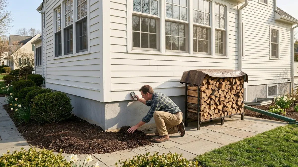 Termite Treatment Cost homeowner preventing termite infestations by removing mulch, moving firewood, and checking moisture around the foundation