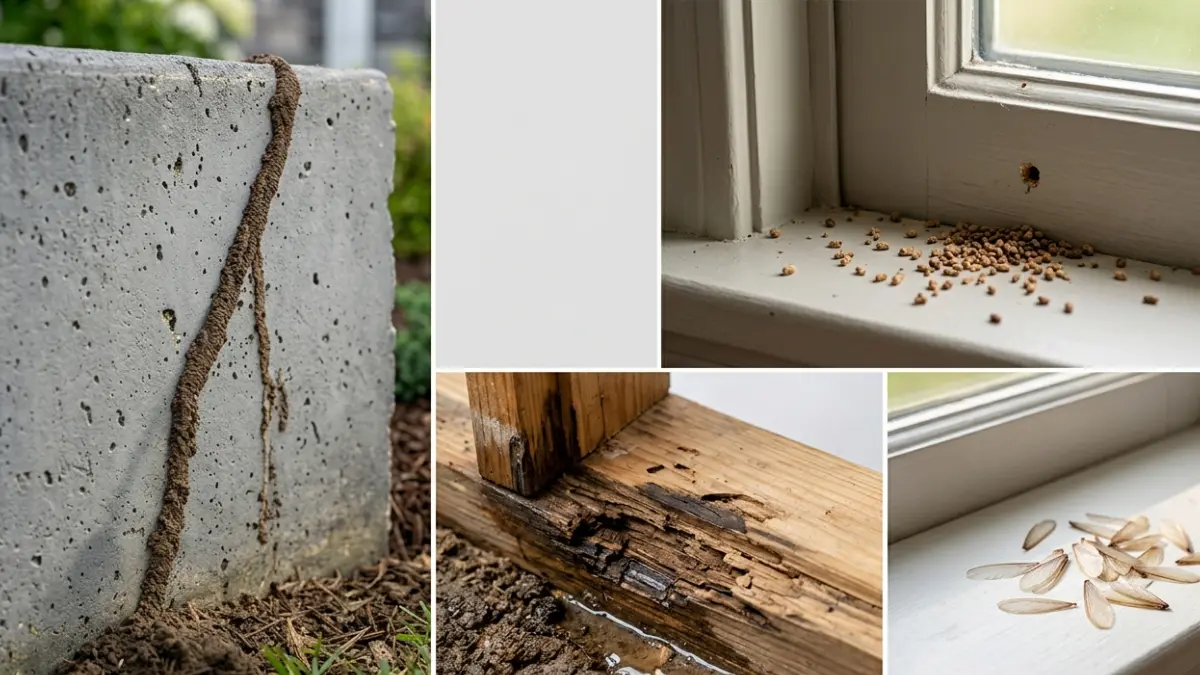 Termite Treatment Cost guide showing mud tubes, drywood frass, discarded termite wings, and dampwood damage for accurate identification