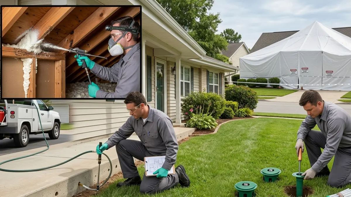 Termite Treatment Cost comparison showing liquid barrier treatment, bait stations, fumigation tent, and localized foam application