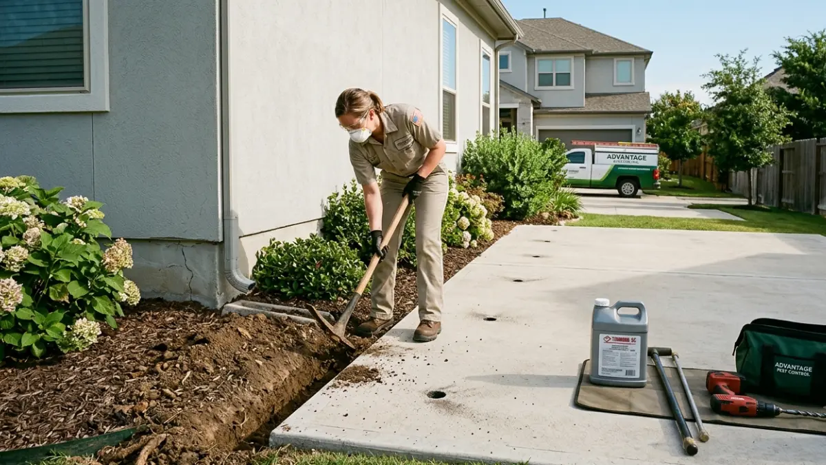 Technician trenching and drilling around a home's foundation during Termite Treatment before applying liquid termiticide.