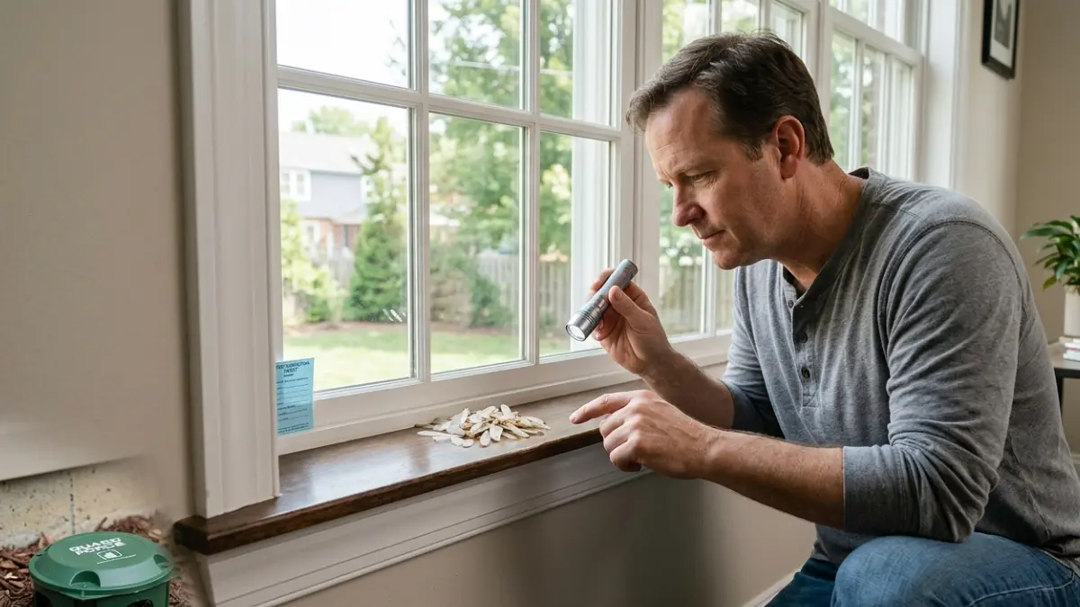 Homeowner inspecting a window for termite wings after Termite Treatment inside a residential property.