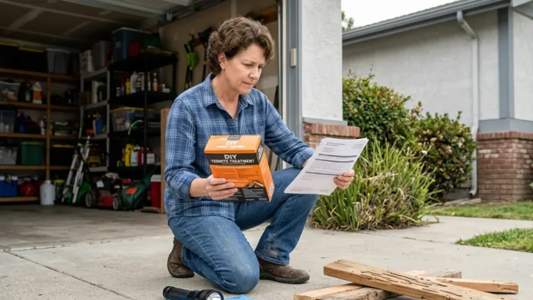 Homeowner comparing retail termite treatment products with a professional inspection estimate for termite control decisions