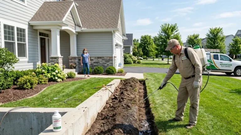 Professional pest control technician performing Termite Treatment around a residential home foundation using a liquid barrier application.