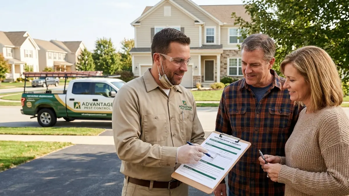 Homeowners reviewing warranty documents with a licensed technician after Termite Treatment service.