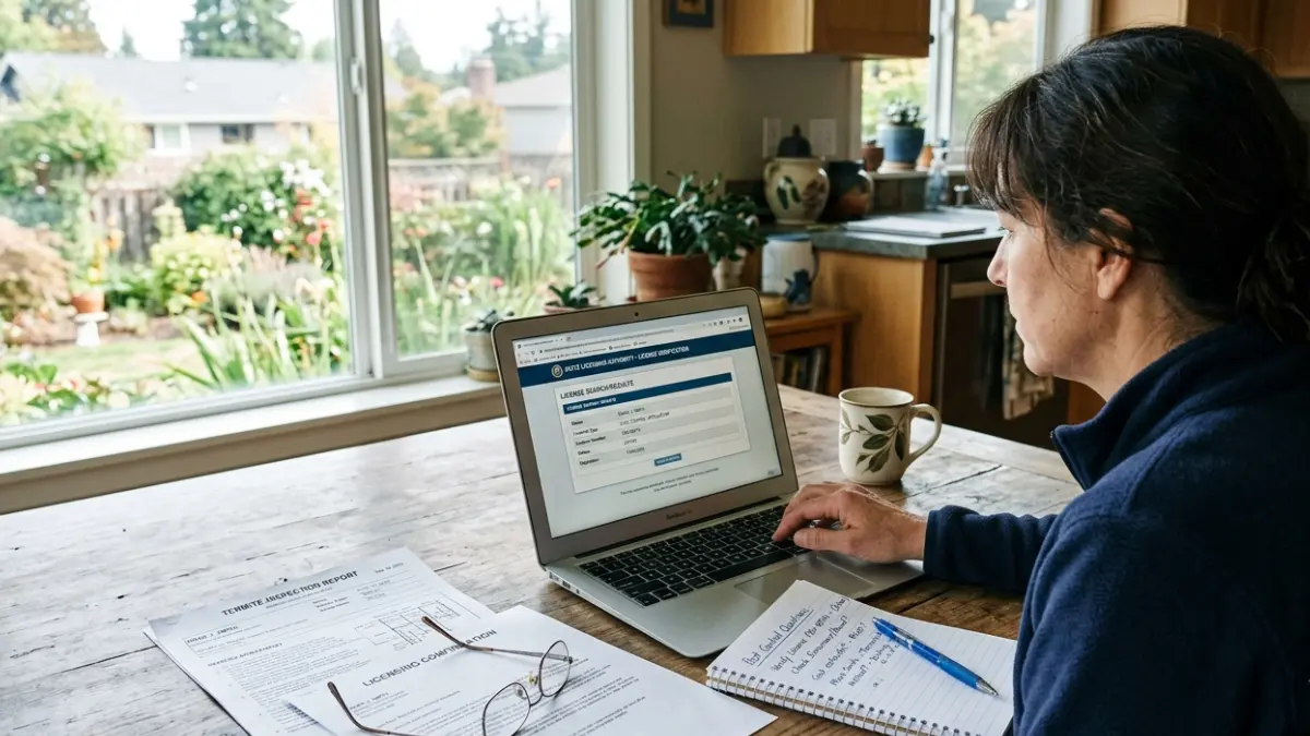 Homeowner verifying a termite company license on an official government website before hiring a contractor