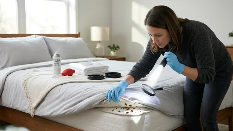 What Kills Bed Bugs – homeowner inspecting bed bug hiding spots on a mattress using a flashlight before choosing the right treatment