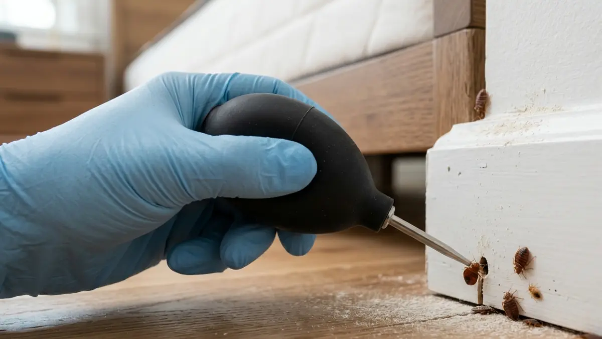 What Kills Bed Bugs – applying a thin layer of EPA-registered diatomaceous earth into cracks and bed frame joints where bed bugs hide