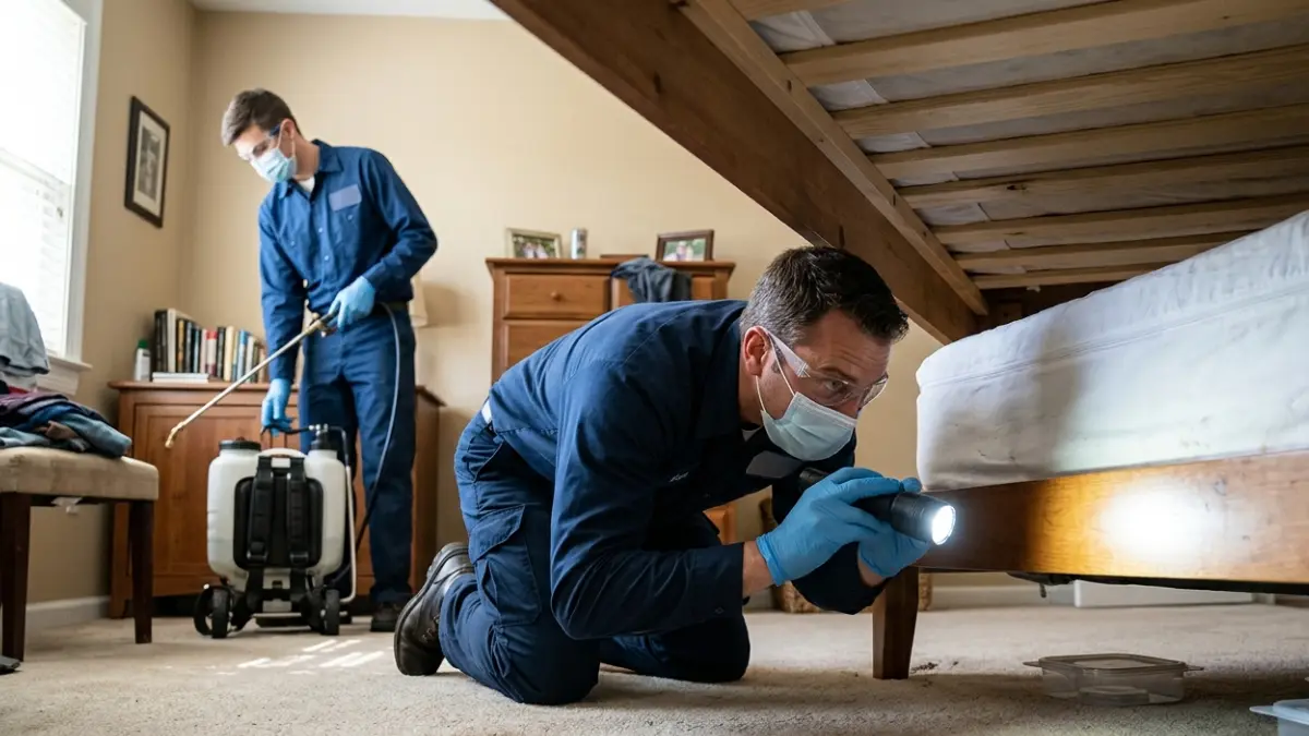 What Kills Bed Bugs – licensed pest control technician inspecting a bedroom for a severe bed bug infestation