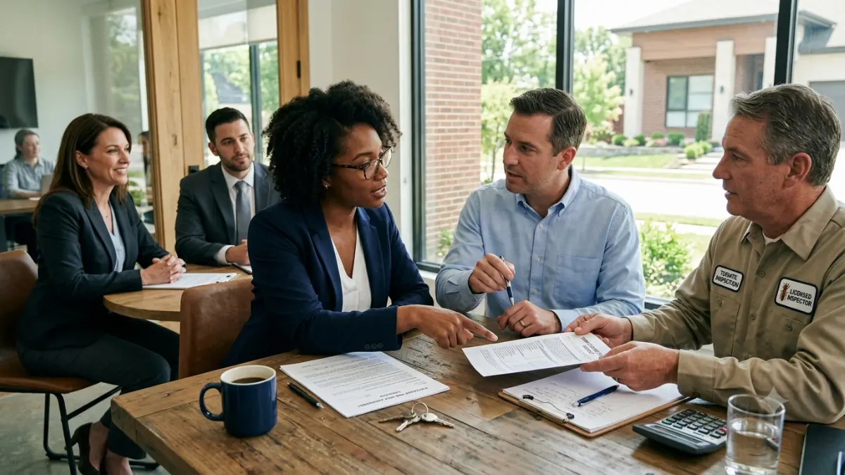 Buyer and seller discussing a termite letter with a real estate agent during a home closing meeting