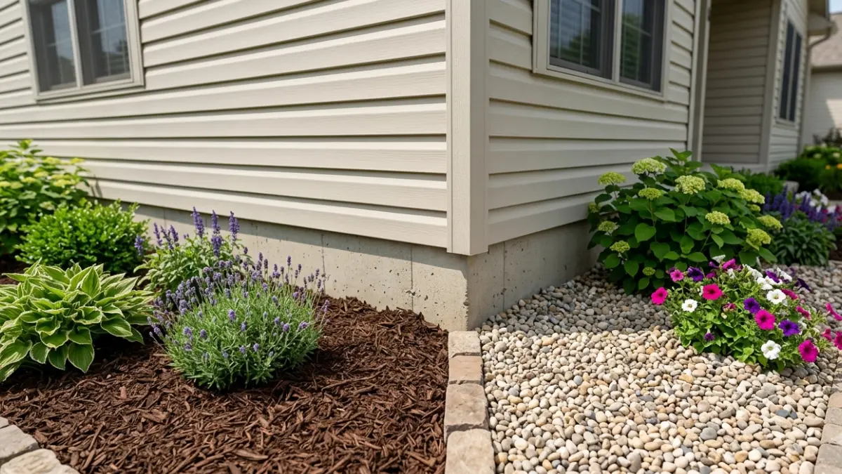 Comparison of mulch and pea gravel installed around a house foundation for landscaping and termite research