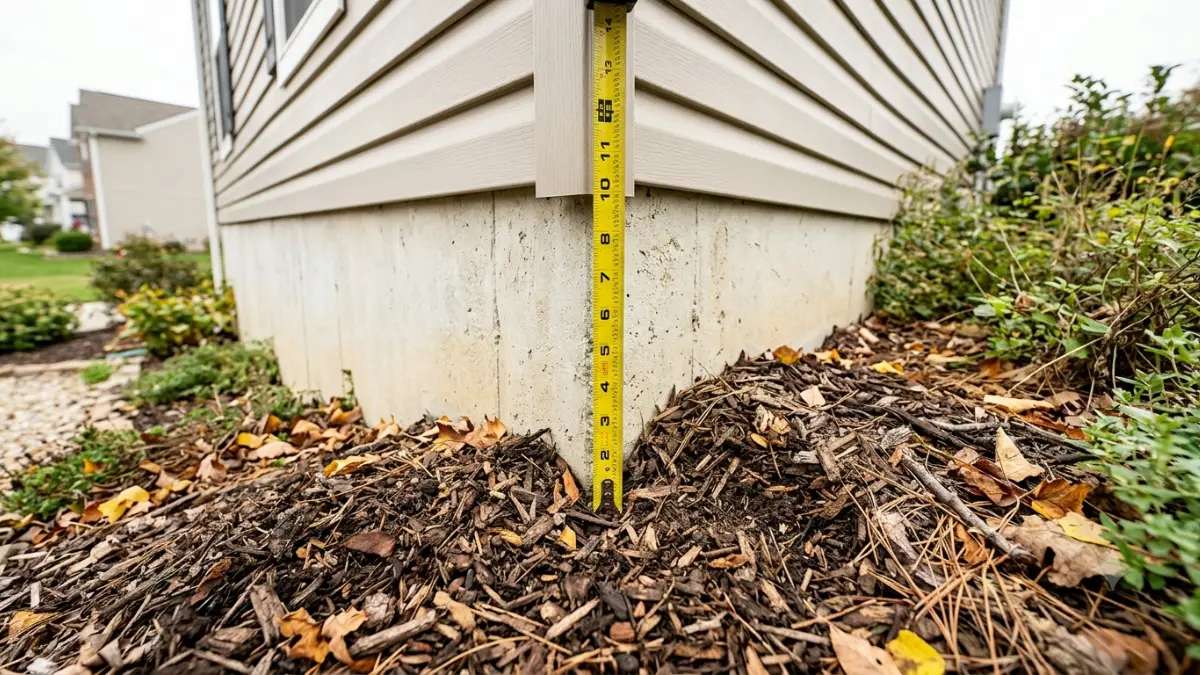 Mulch reducing Wood to Soil Clearance beneath house siding with a tape measure showing insufficient inspection space.