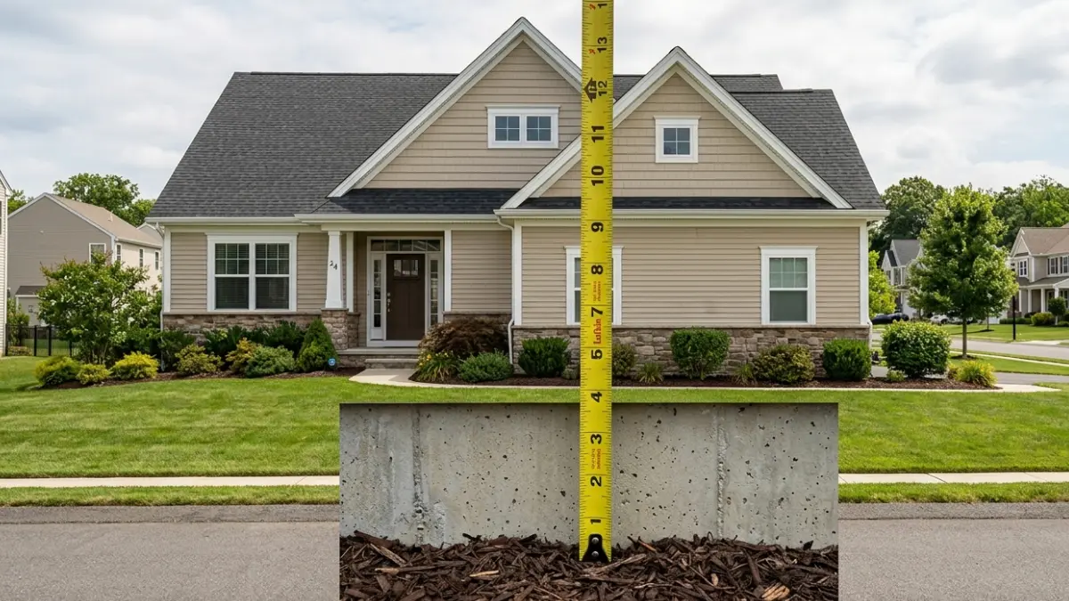 Wood to Soil Clearance showing a properly maintained 6-inch gap between the bottom of house siding and the soil beside a concrete foundation.