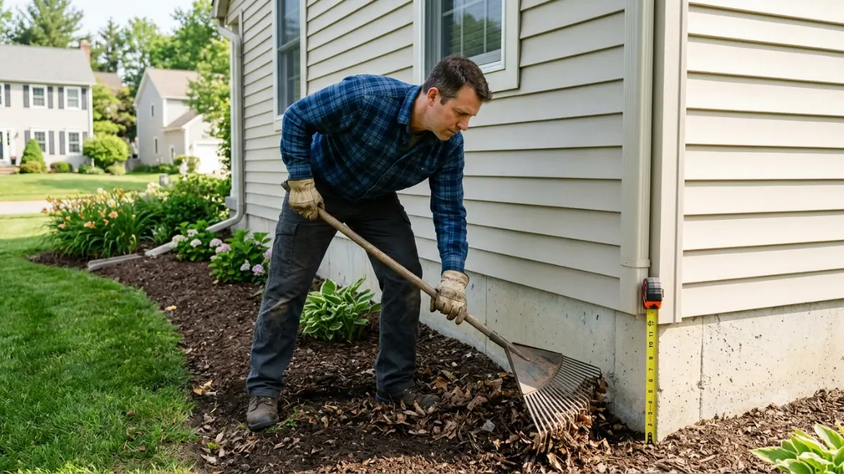 Homeowner restoring Wood to Soil Clearance by removing excess mulch from around the house foundation.