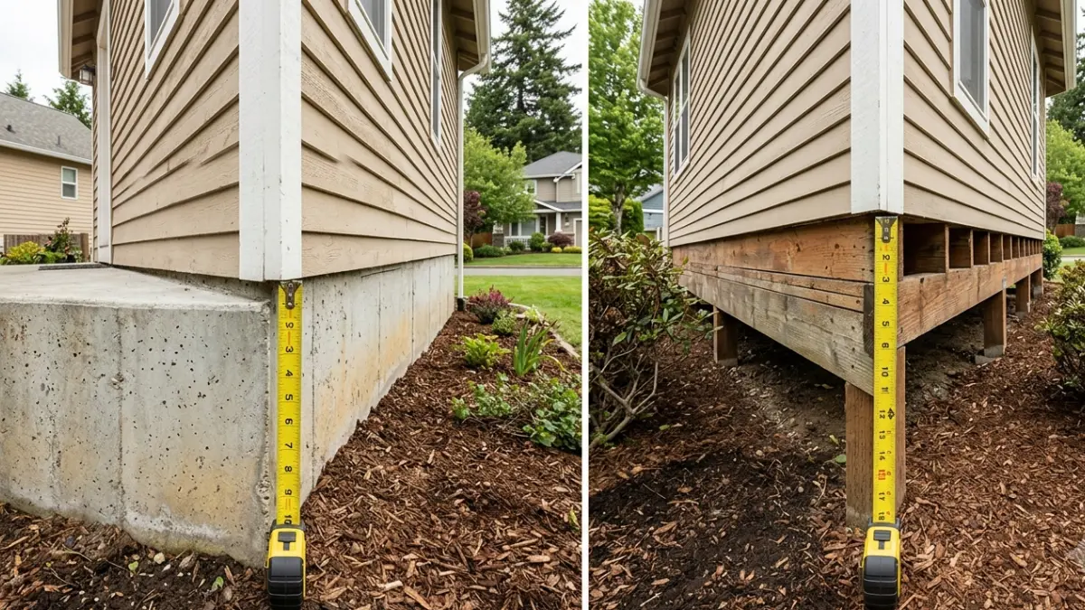 Comparison of slab and crawl-space foundations illustrating recommended Wood to Soil Clearance requirements.