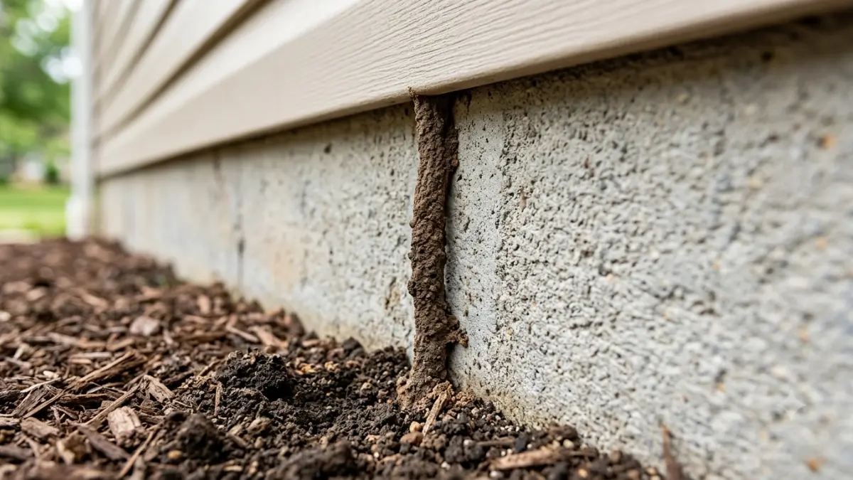 Visible termite mud tube on an exposed concrete foundation demonstrating Wood to Soil Clearance for easier termite inspection.