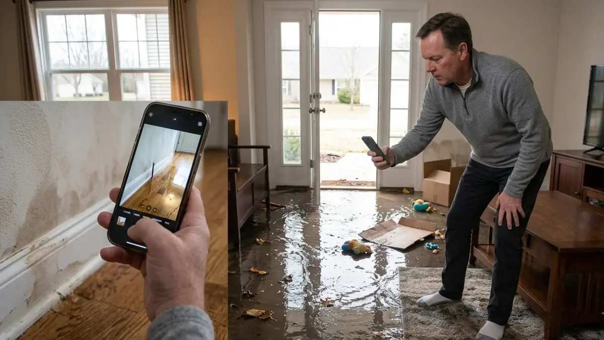 Homeowner photographing property damage After Water Damage before moving furniture for insurance documentation