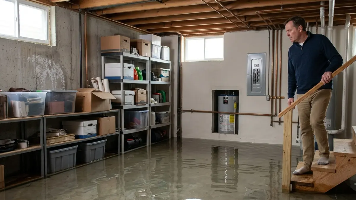 Flooded basement with electrical breaker panel illustrating electrical safety After Water Damage