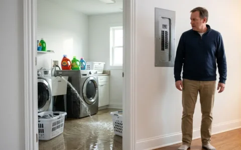 Homeowner safely assessing a flooded laundry room After Water Damage before entering the affected area