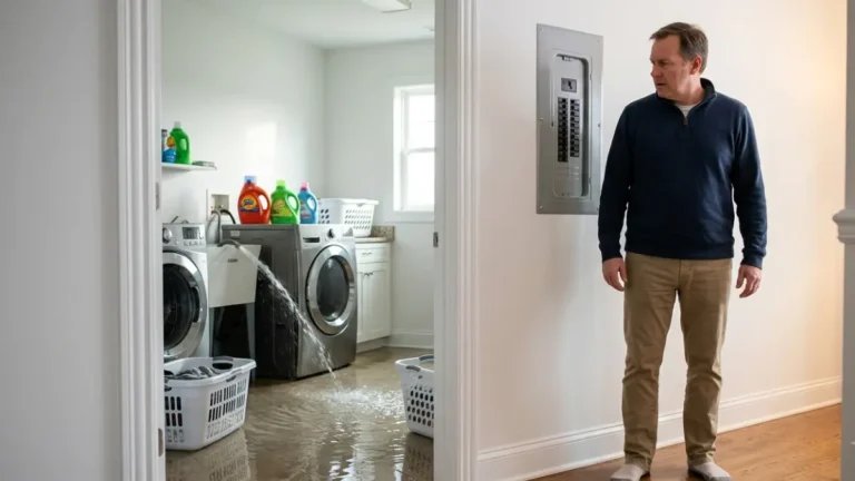 Homeowner safely assessing a flooded laundry room After Water Damage before entering the affected area