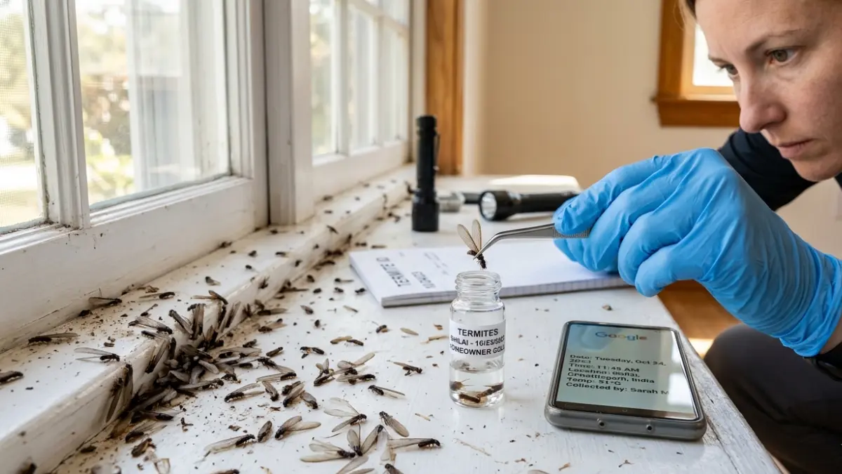 Homeowner collecting termites swarm from a window sill into a specimen vial for professional identification