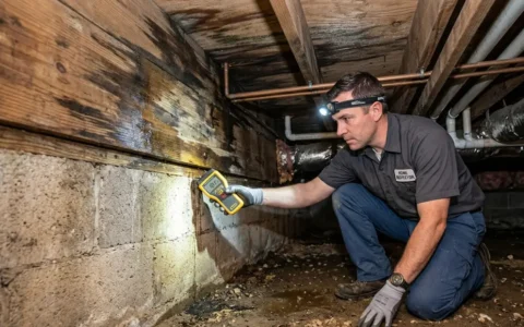 Professional inspector checking damp floor joists with a moisture meter for Crawl space termites risk inside a residential crawl space.