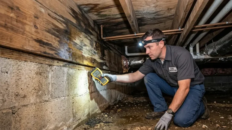 Professional inspector checking damp floor joists with a moisture meter for Crawl space termites risk inside a residential crawl space.