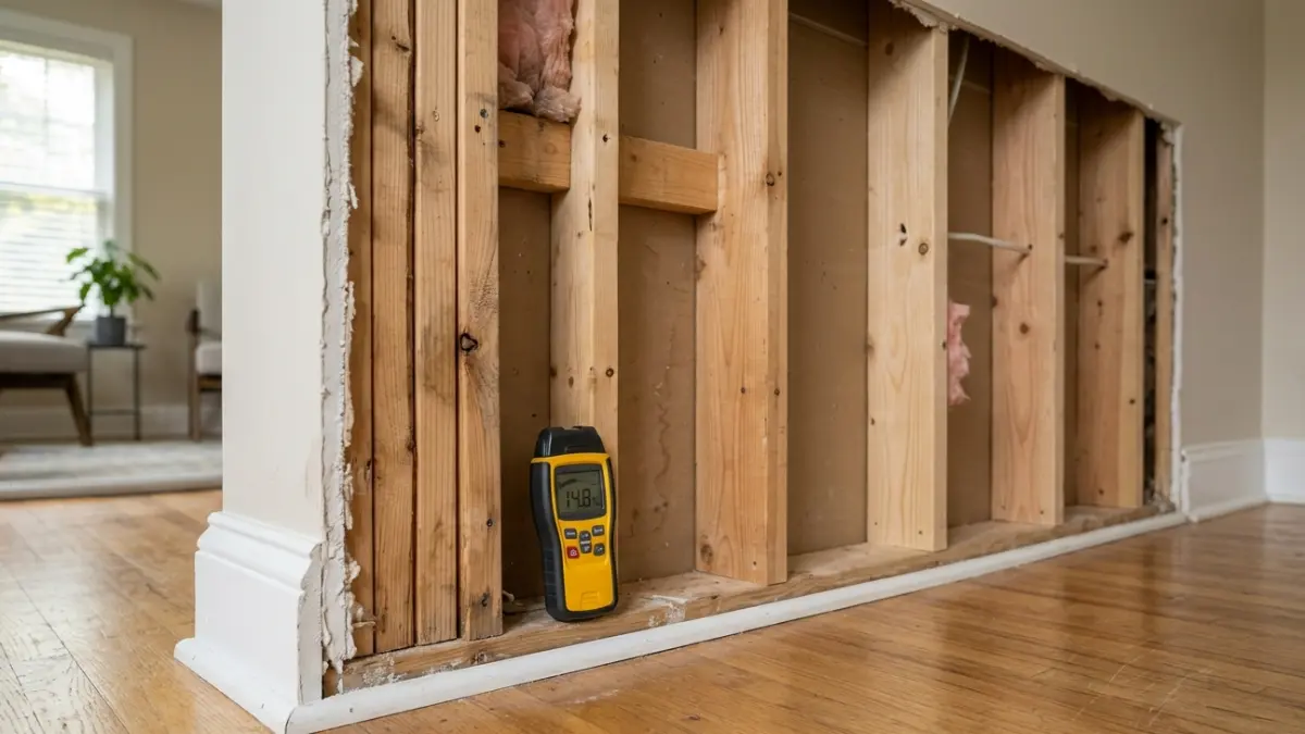 Dry Standard Water Damage — affected and unaffected wood framing compared during moisture inspection