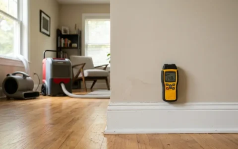 Dry Standard Water Damage — apparently dry residential wall being checked with a moisture meter