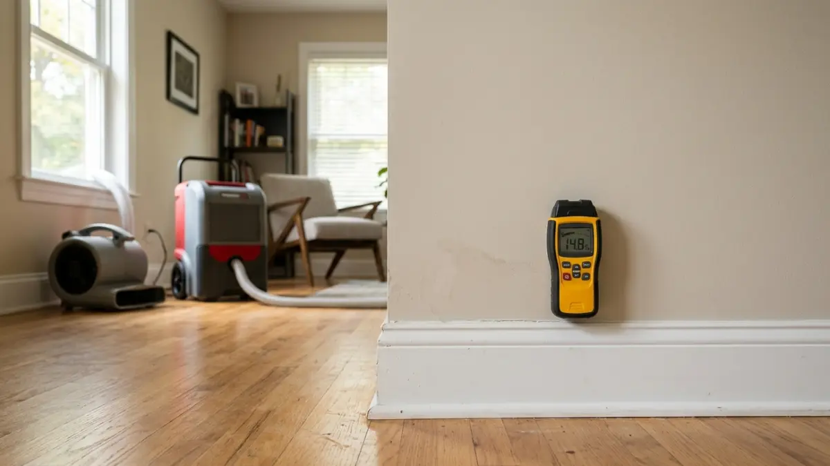 Dry Standard Water Damage — apparently dry residential wall being checked with a moisture meter
