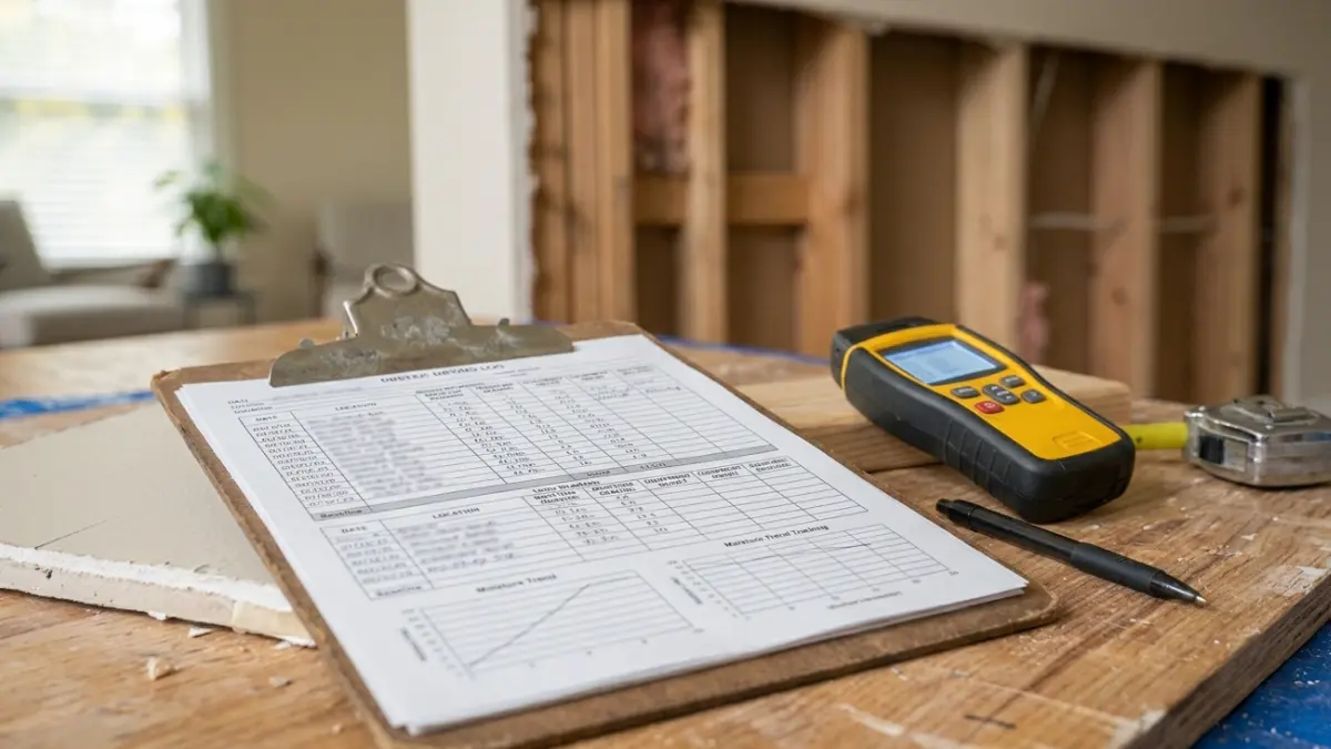 Dry Standard Water Damage — drying log and baseline moisture readings beside a moisture meter