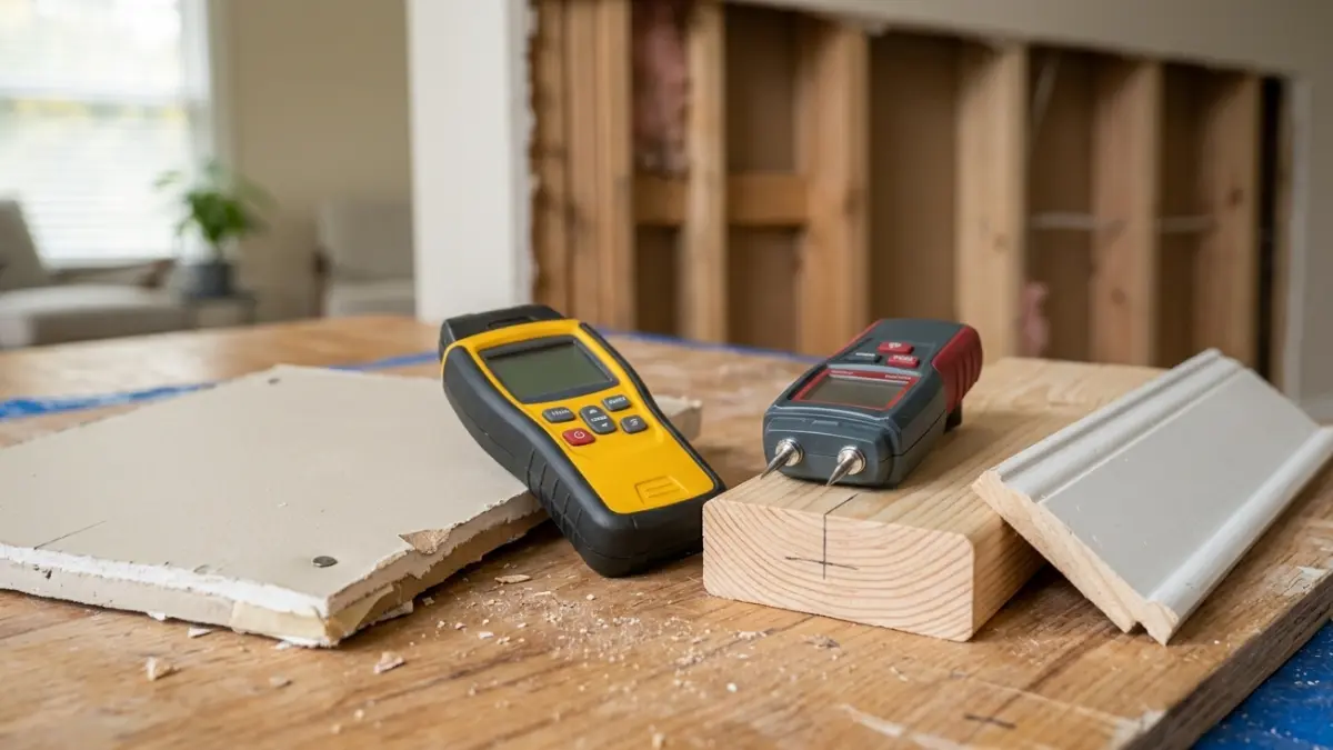 Dry Standard Water Damage — pin and pinless moisture meters used to inspect building materials