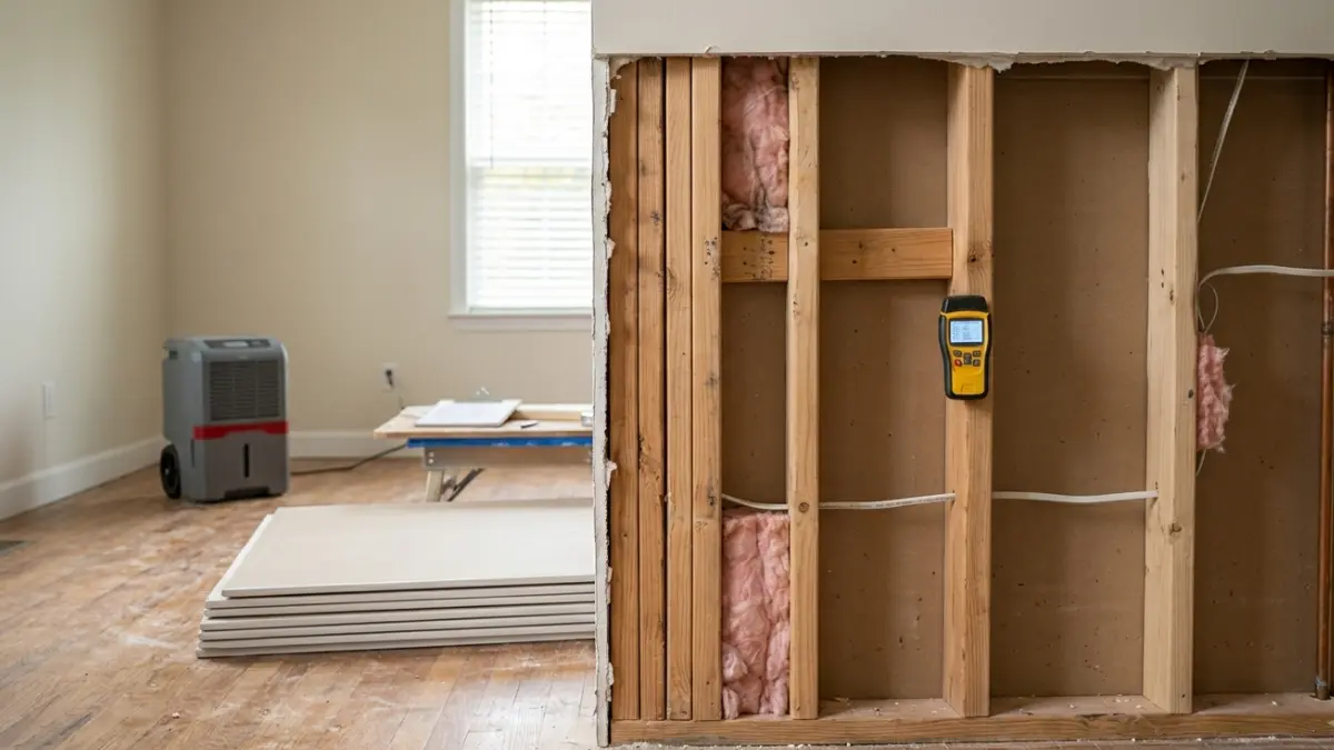 Dry Standard Water Damage — wood framing checked for moisture before drywall replacement